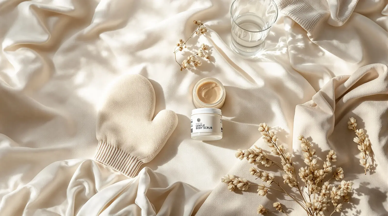 A neatly arranged pre-appointment skincare flatlay with a gentle exfoliating scrub and loose linen clothing. How to prepare for a Brazilian wax in Greenville, SC.